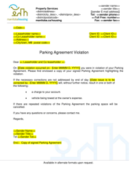 Document preview: Parking Agreement Violation Letter - Manitoba, Canada