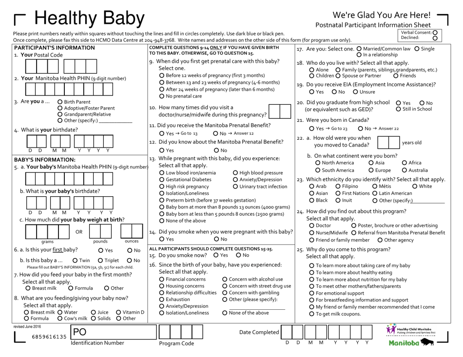 Postnatal Participant Information Sheet - Healthy Baby - Manitoba, Canada, Page 1