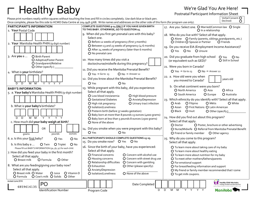 Postnatal Participant Information Sheet - Healthy Baby - Manitoba, Canada