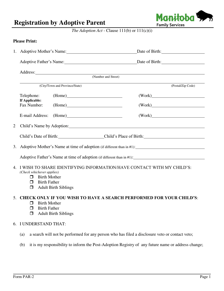 Form PAR-2 Registration by Adoptive Parent - Manitoba, Canada, Page 1