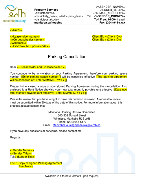 Parking Cancellation Letter - Manitoba, Canada Download Pdf