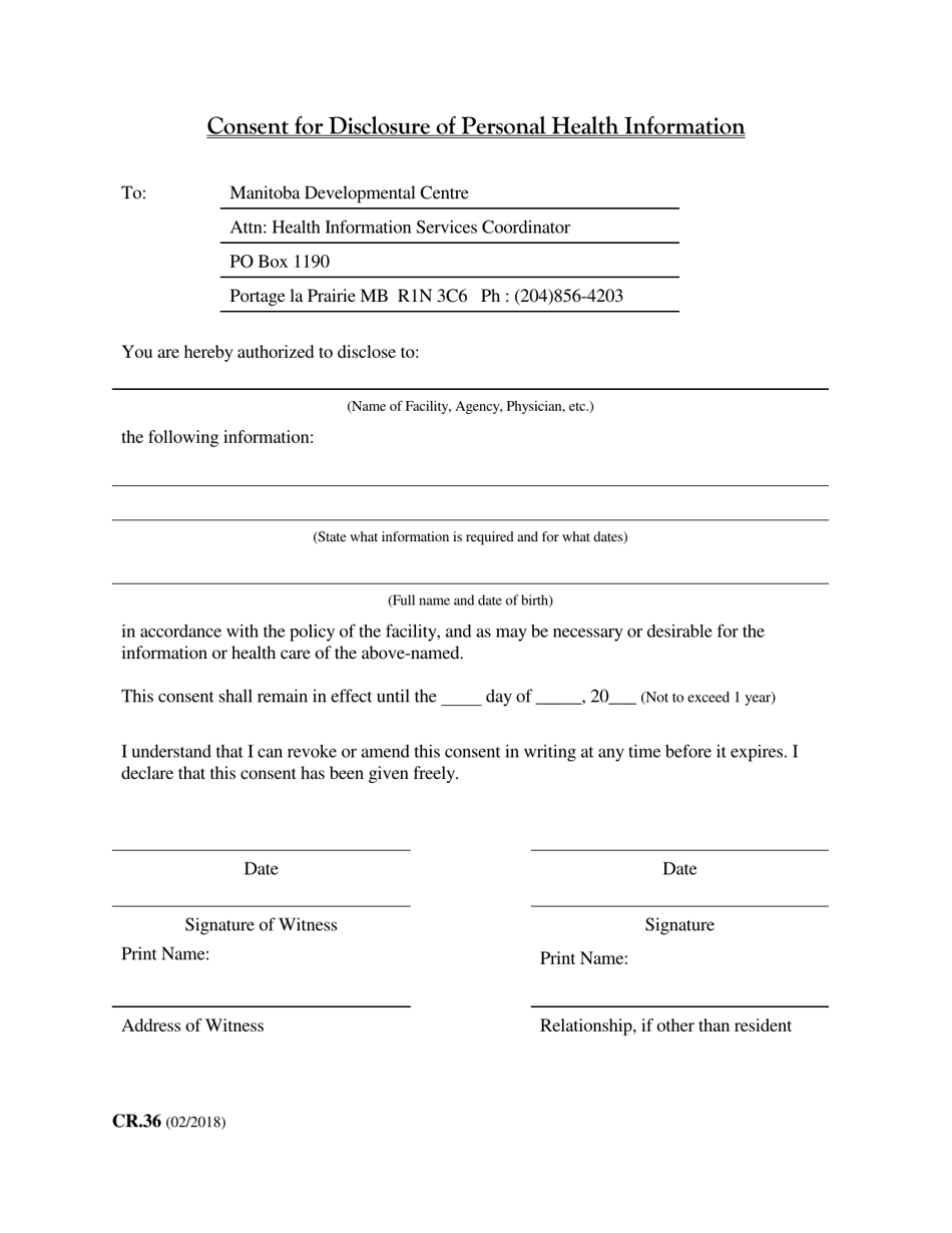 Form CR.36 Consent for Disclosure of Personal Health Information - Manitoba, Canada, Page 1