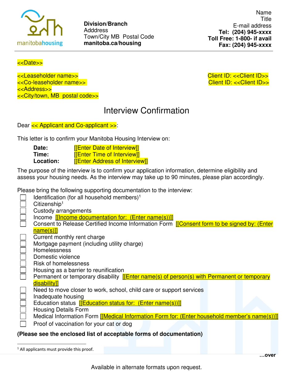 Interview Confirmation Letter - Manitoba, Canada, Page 1