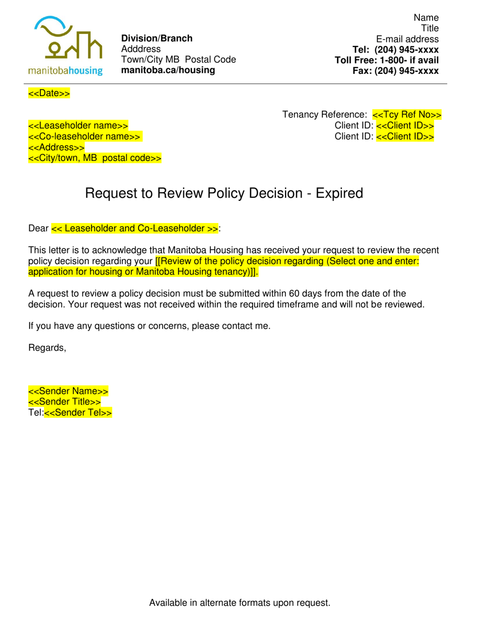 Request to Review Policy Decision - Expired - Manitoba, Canada, Page 1