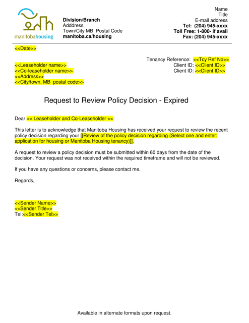 Request to Review Policy Decision - Expired - Manitoba, Canada Download Pdf
