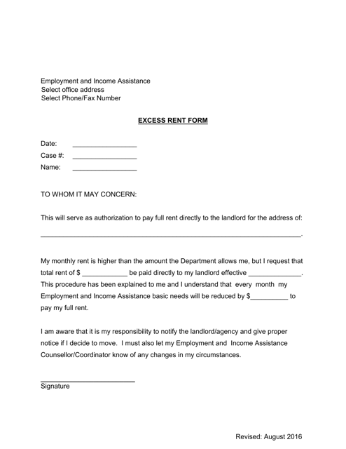 Excess Rent Form - Manitoba, Canada Download Pdf