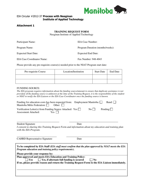 Attachment 1 Training Request Form - Manitoba, Canada