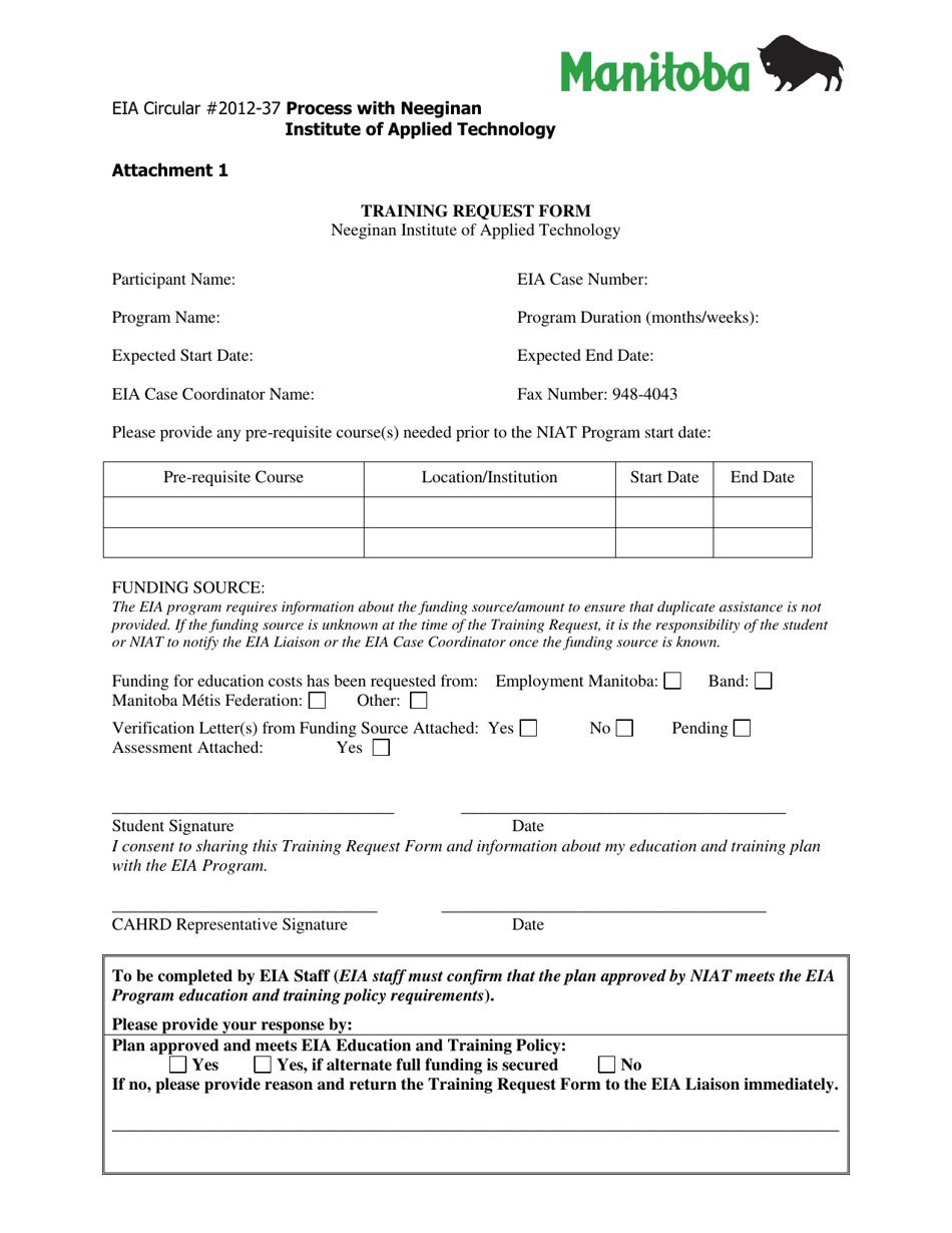 Attachment 1 Training Request Form - Manitoba, Canada, Page 1