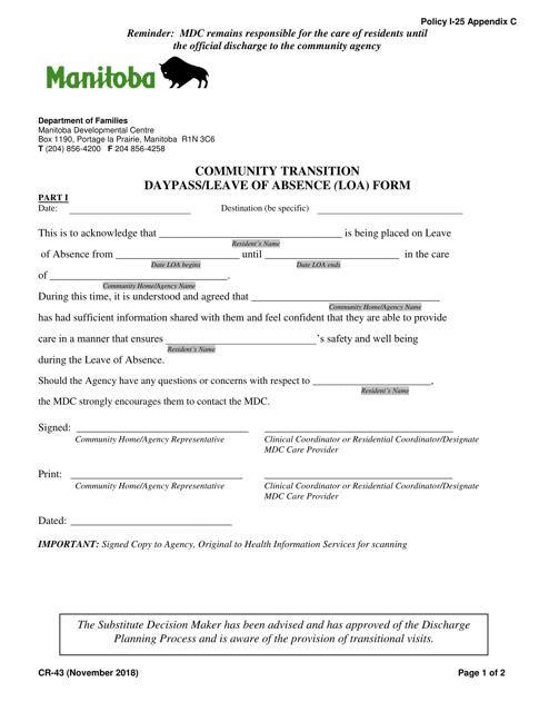 Form CR-43 Community Transition Daypass/Leave of Absence (Loa) Form - Manitoba, Canada