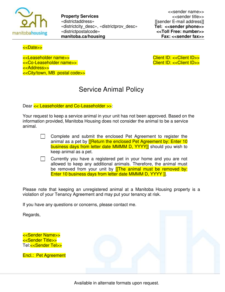 Manitoba Canada Service Animal Policy Letter Download Printable PDF