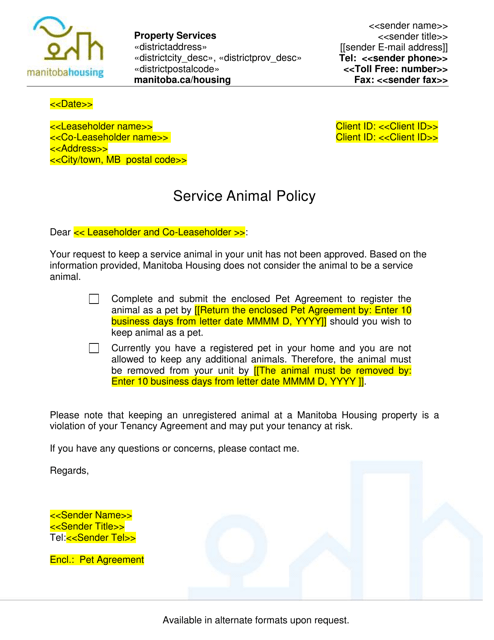 Service Animal Policy Letter - Manitoba, Canada Download Pdf