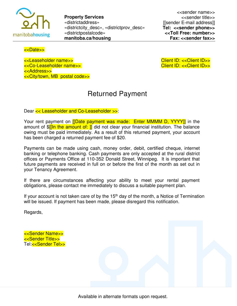 Returned Payment Letter - Manitoba, Canada, Page 1