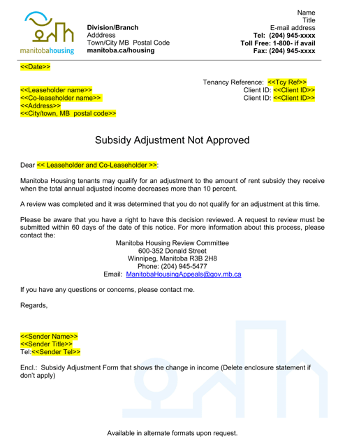 Subsidy Adjustment Letter - Not Approved - Manitoba, Canada Download Pdf