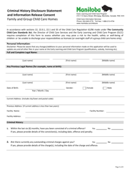 Document preview: Criminal History Disclosure Statement and Information Release Consent - Family and Group Child Care Homes - Manitoba, Canada