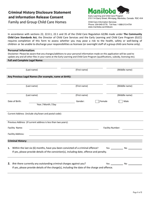 Criminal History Disclosure Statement and Information Release Consent - Family and Group Child Care Homes - Manitoba, Canada Download Pdf