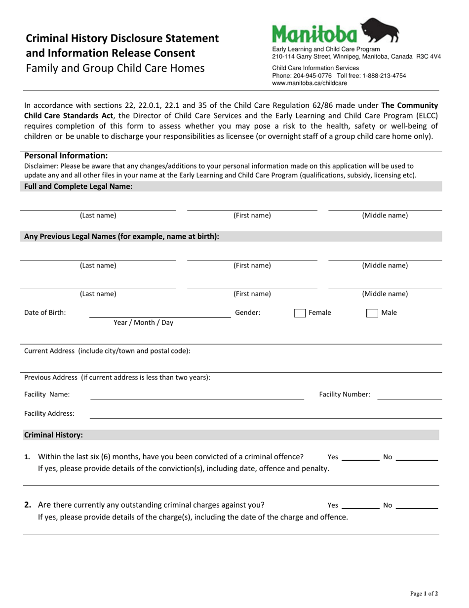 Criminal History Disclosure Statement and Information Release Consent - Family and Group Child Care Homes - Manitoba, Canada, Page 1