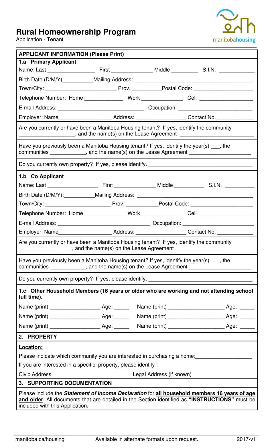 Application - Tenant - Rural Homeownership Program - Manitoba, Canada, Page 1