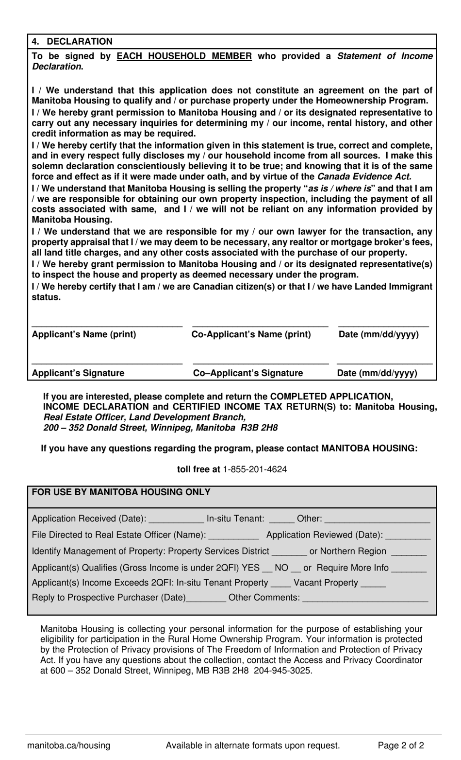 Application - Tenant - Rural Homeownership Program - Manitoba, Canada, Page 2