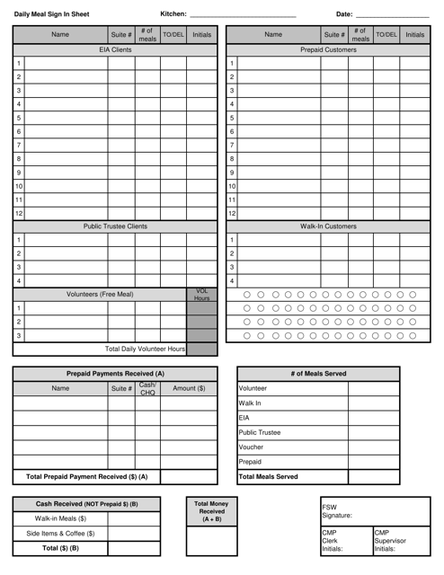 Daily Meal Sign in Sheet - Manitoba, Canada Download Pdf