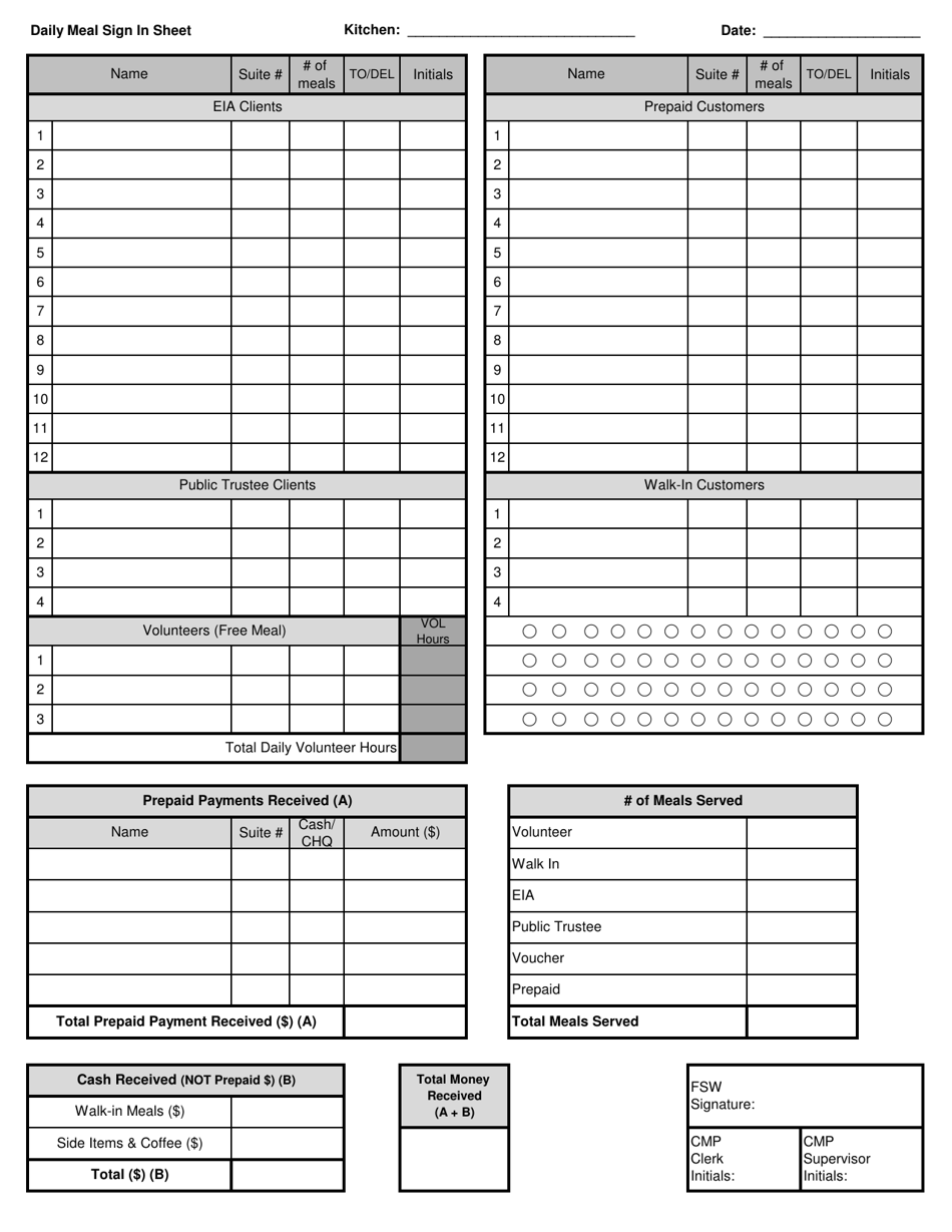 Daily Meal Sign in Sheet - Manitoba, Canada, Page 1
