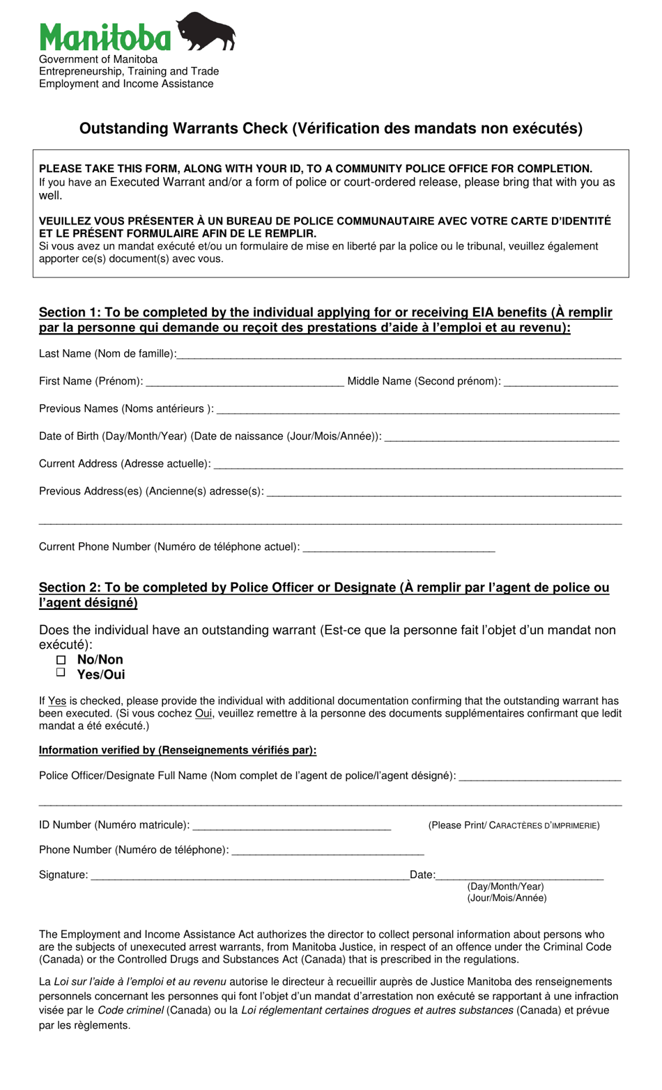 Outstanding Warrants Check - Manitoba, Canada (English / French), Page 1
