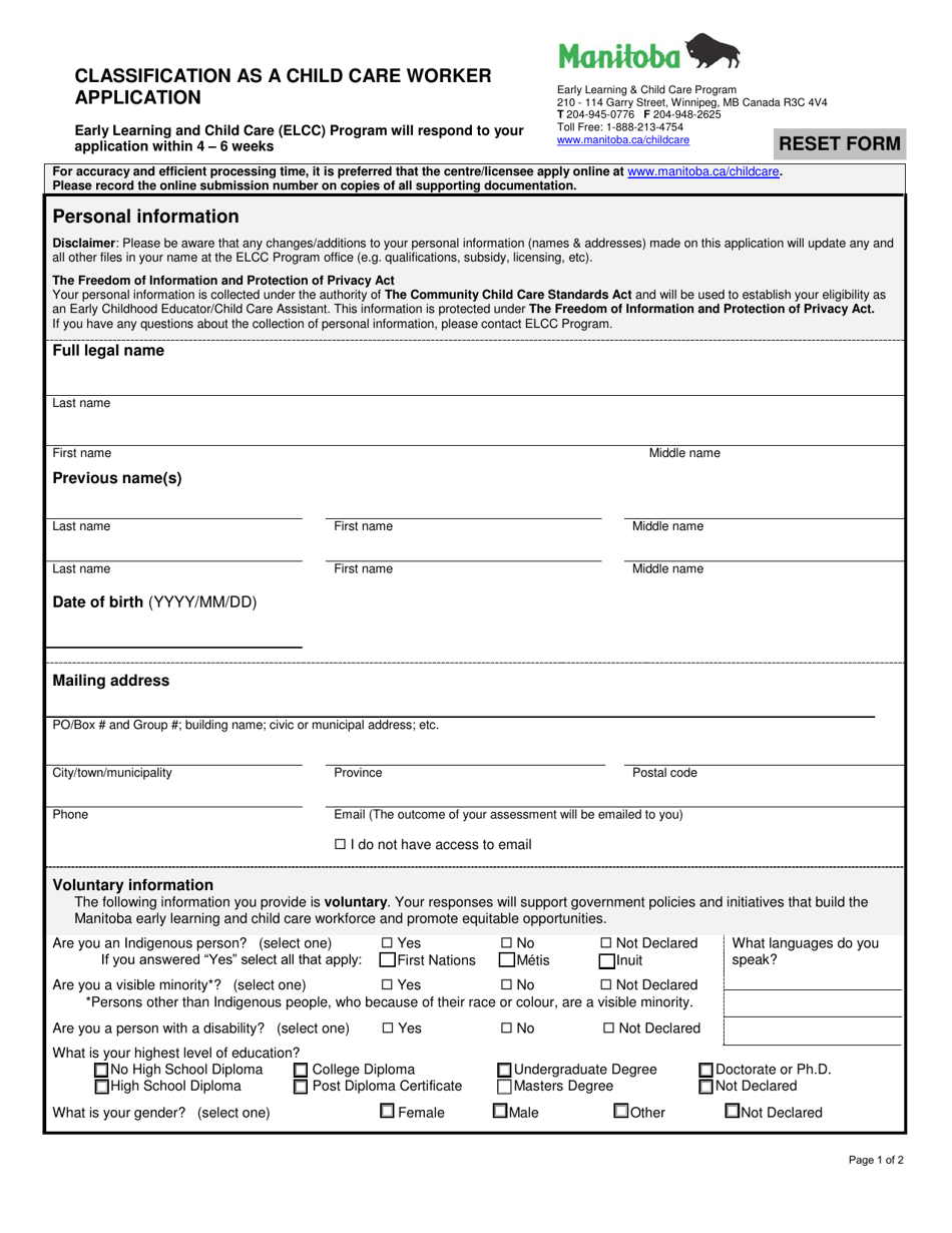 Manitoba Canada Classification as a Child Care Worker Application ...