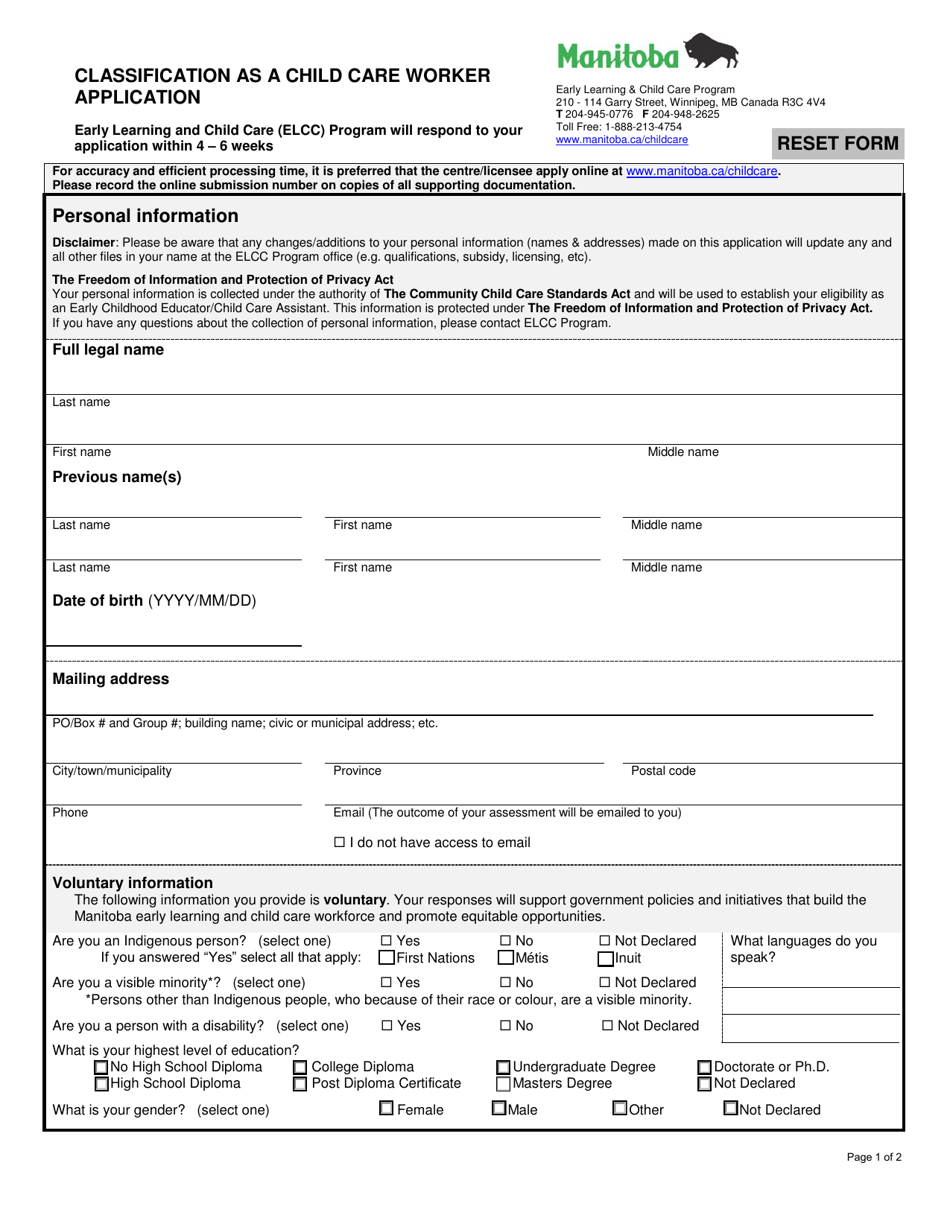 Classification as a Child Care Worker Application - Manitoba, Canada, Page 1