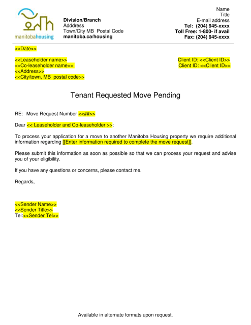 Tenant Requested Move Pending Letter - Manitoba, Canada Download Pdf