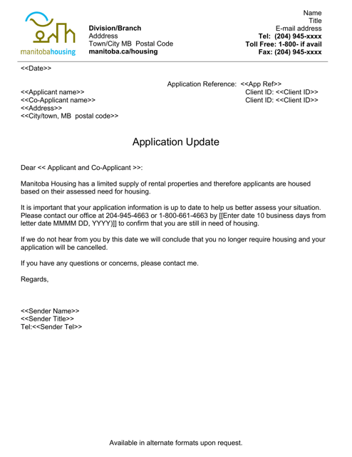 Application Update Letter - Manitoba, Canada