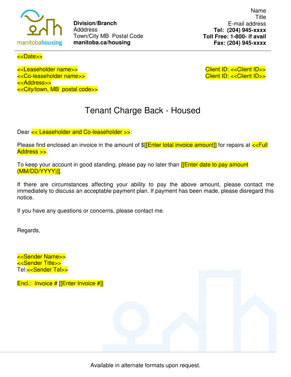 Tenant Charge Back Letter - Housed - Manitoba, Canada, Page 1