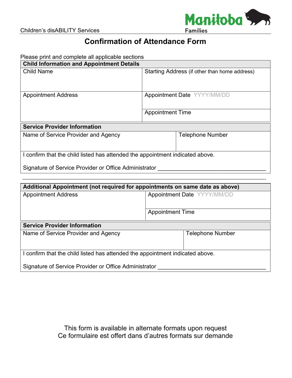 Confirmation of Attendance Form - Manitoba, Canada, Page 1