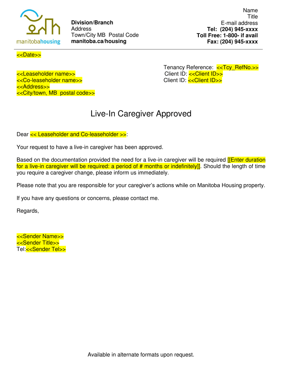 Live-In Caregiver Approved Letter - Manitoba, Canada, Page 1