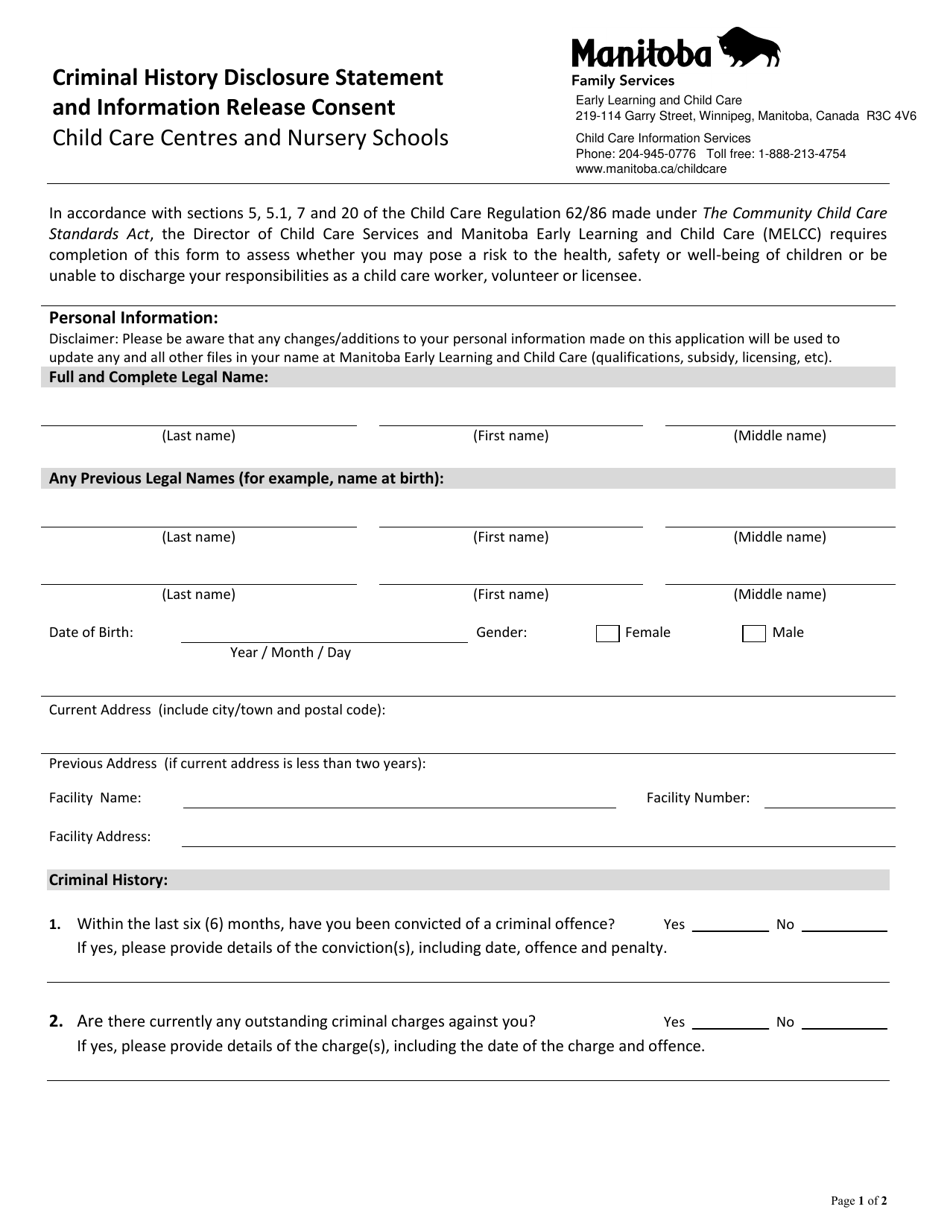 Criminal History Disclosure Statement and Information Release Consent - Child Care Centres and Nursery Schools - Manitoba, Canada, Page 1