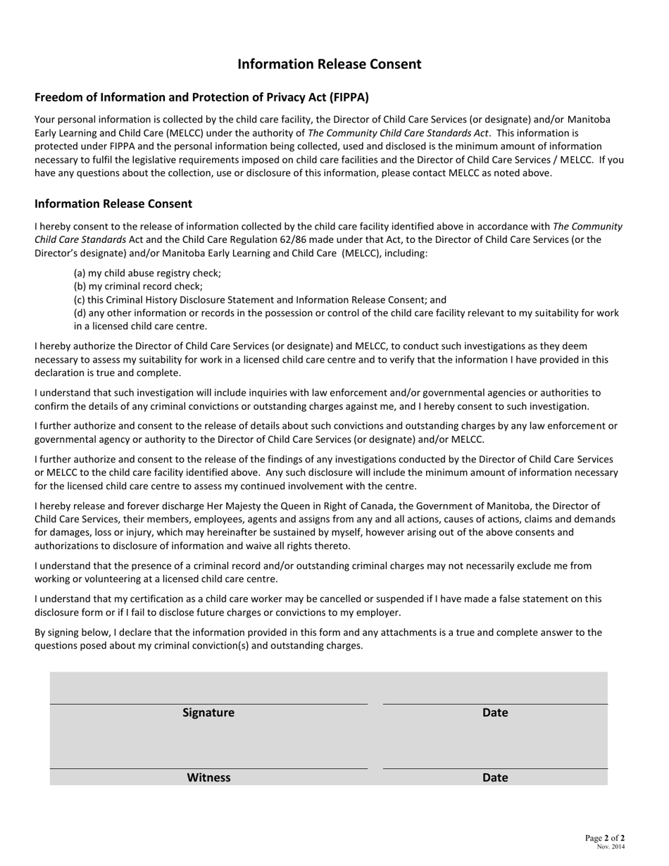 Criminal History Disclosure Statement and Information Release Consent - Child Care Centres and Nursery Schools - Manitoba, Canada, Page 2