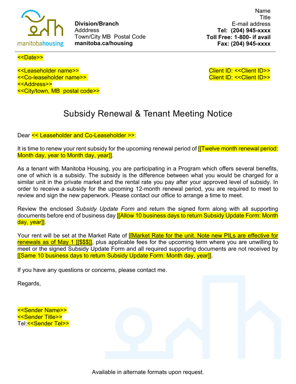 Subsidy Renewal  Tenant Meeting Notice - Manitoba, Canada, Page 1