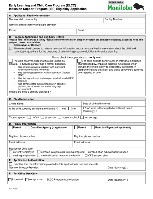 Inclusion Support Program (Isp) Eligibility Application - Early Learning and Child Care Program (Elcc) - Manitoba, Canada Download Pdf