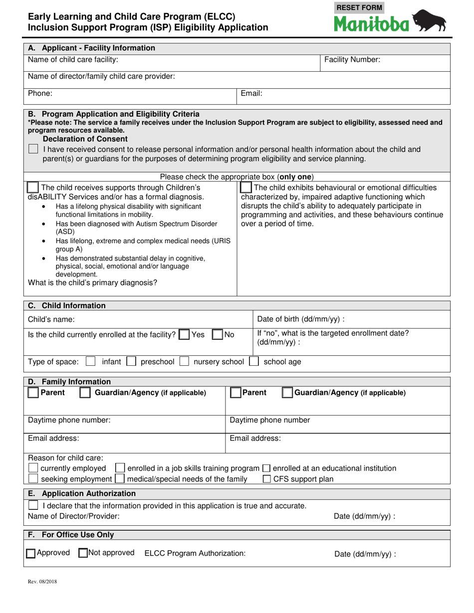 Manitoba Canada Inclusion Support Program (isp) Eligibility Application 