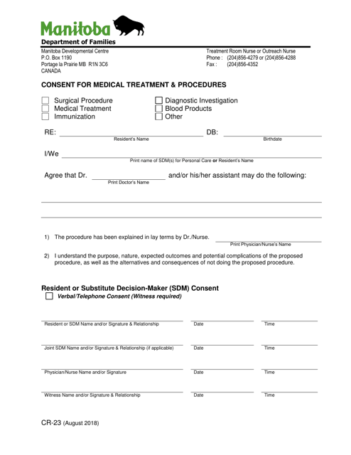 Form CR-23 Consent for Medical Treatment & Procedures - Manitoba, Canada