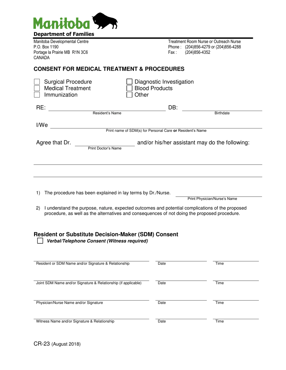Form CR-23 Consent for Medical Treatment  Procedures - Manitoba, Canada, Page 1