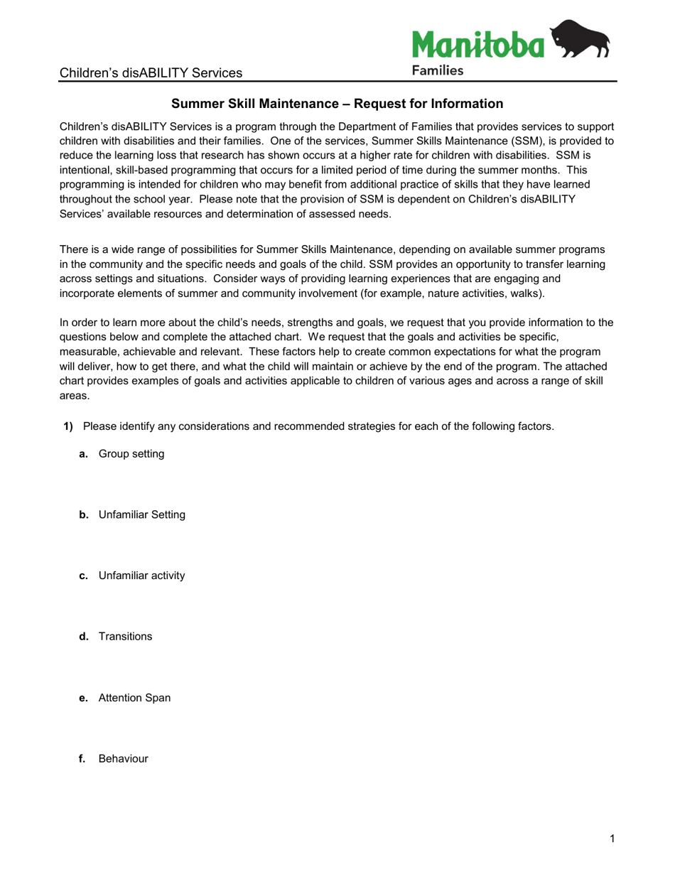 Summer Skill Maintenance - Request for Information - Childrens Disability Services - Manitoba, Canada, Page 1