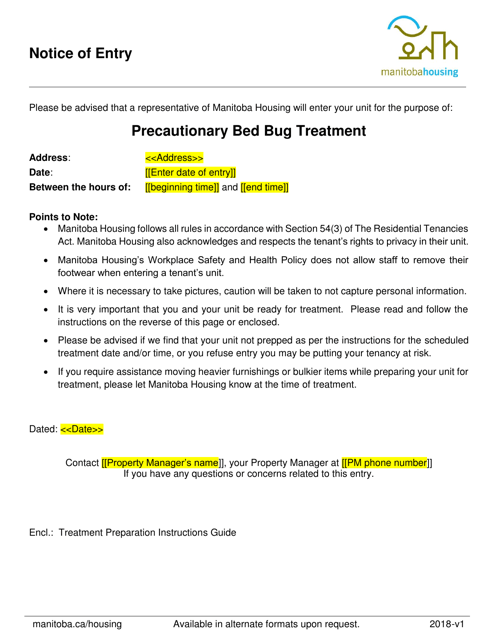 Notice of Entry - Precautionary Bed Bug Treatment - Manitoba, Canada Download Pdf