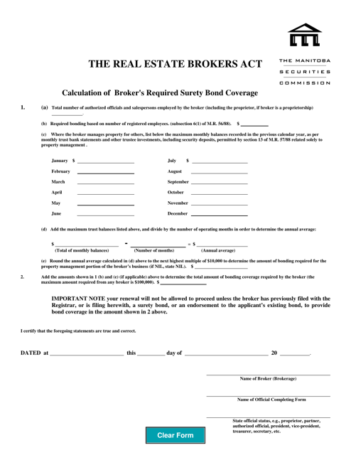 Calculation of Broker's Required Surety Bond Coverage - Manitoba, Canada Download Pdf