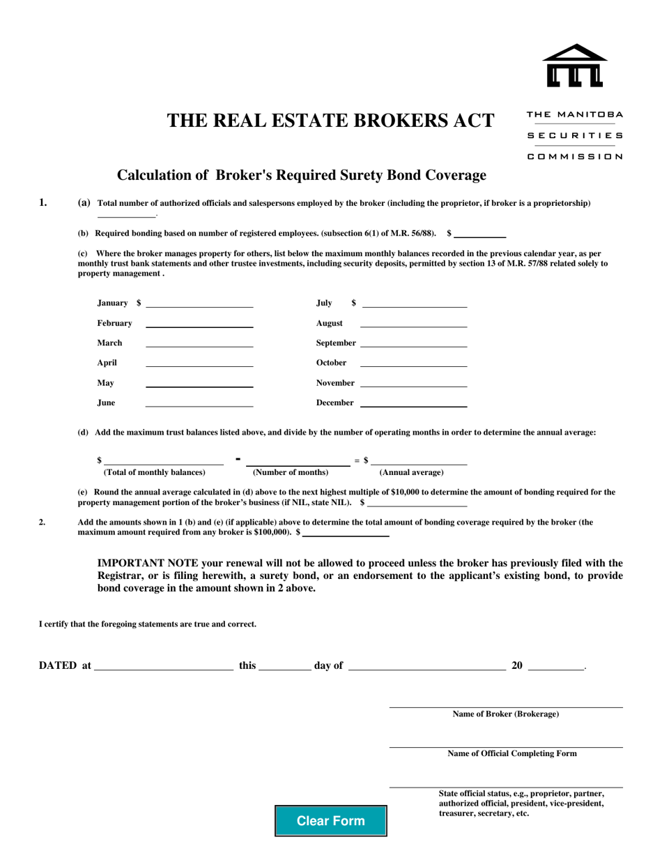 Calculation of Brokers Required Surety Bond Coverage - Manitoba, Canada, Page 1