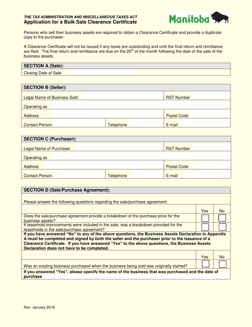 Application for a Bulk Sale Clearance Certificate - Manitoba, Canada Download Pdf