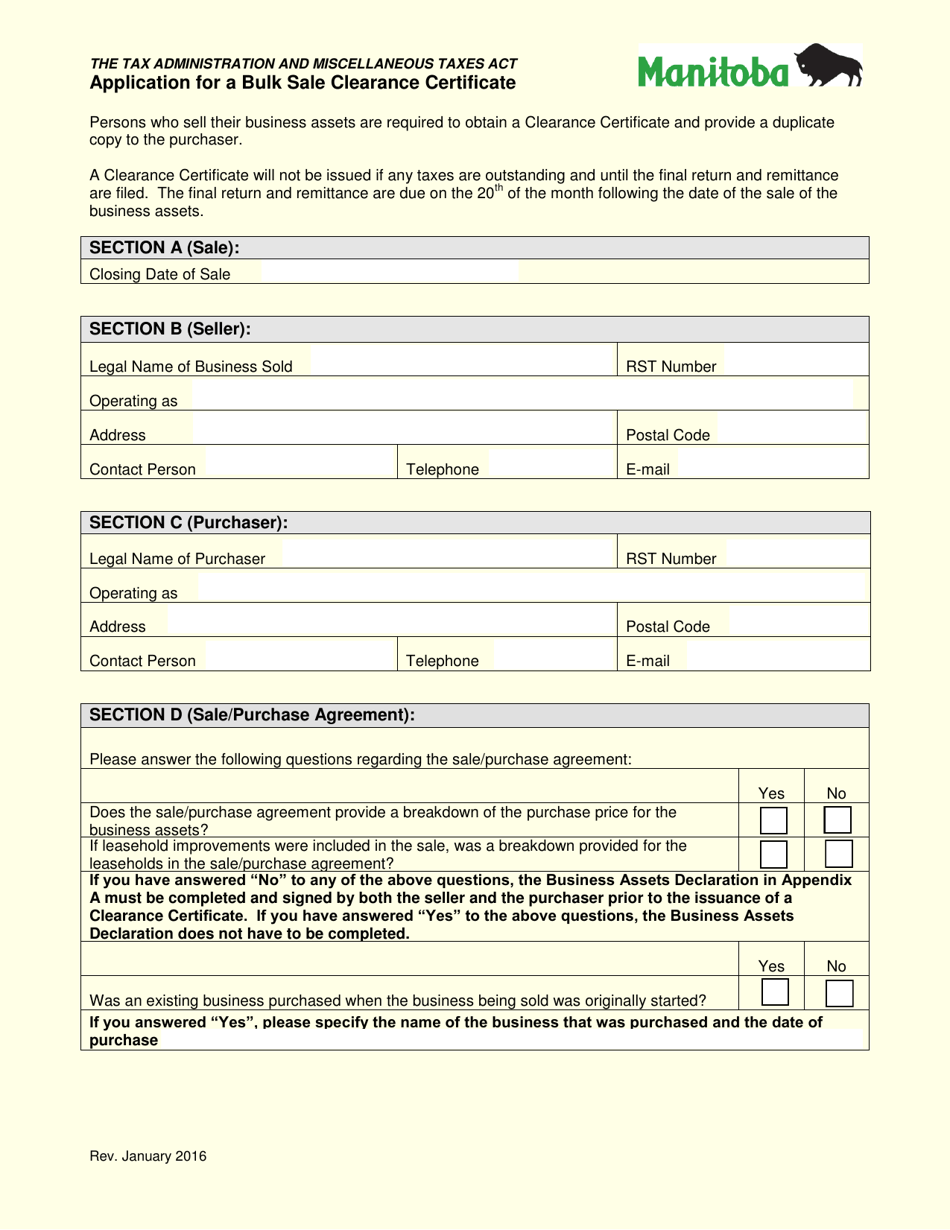 Application for a Bulk Sale Clearance Certificate - Manitoba, Canada, Page 1