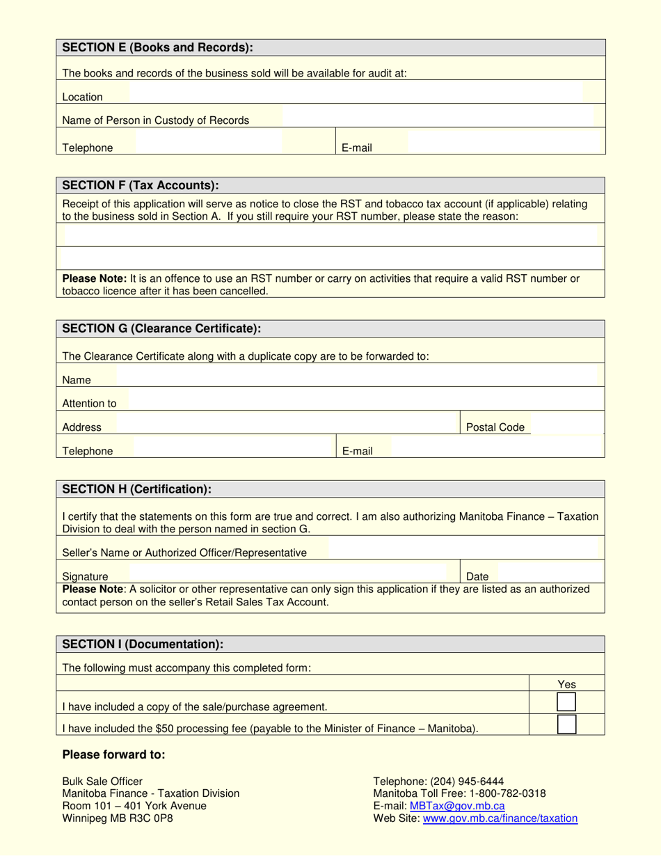 Manitoba Canada Application for a Bulk Sale Clearance Certificate ...