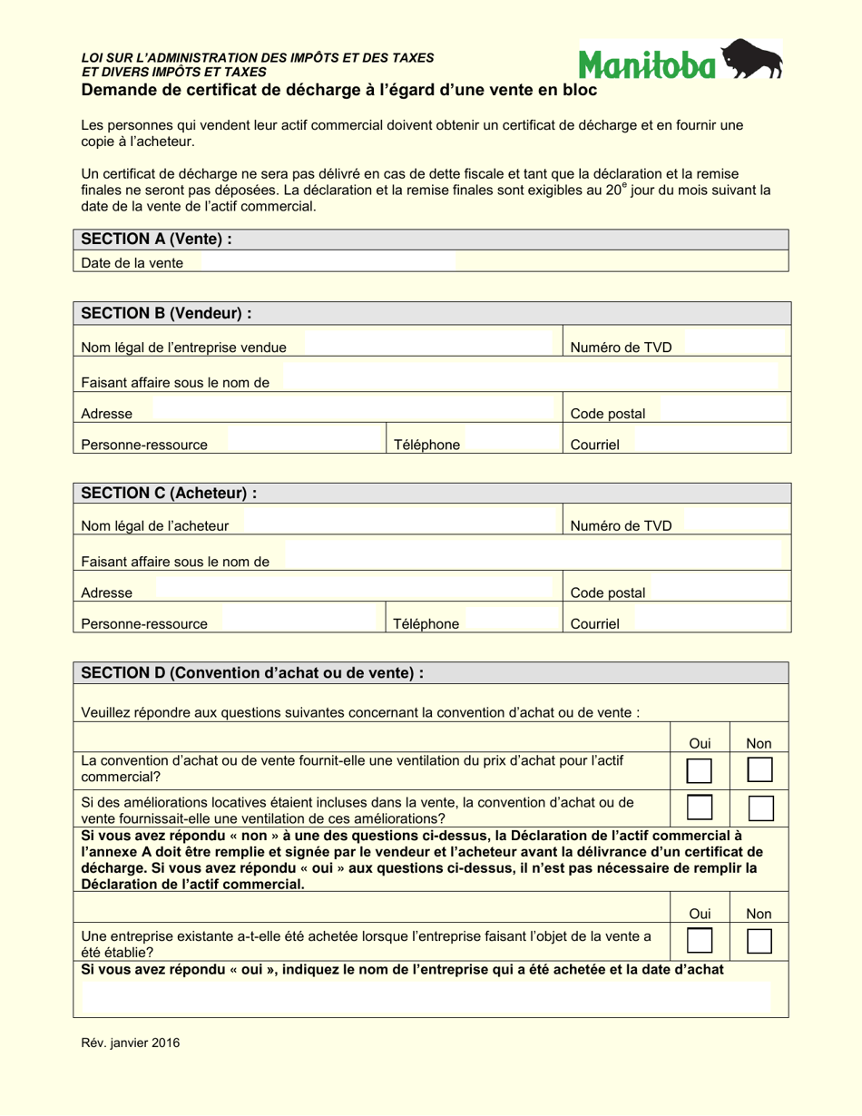 Demande De Certificat De Decharge a Legard Dune Vente En Bloc - Manitoba, Canada (French), Page 1