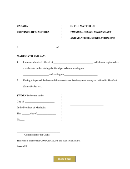 Form Aff.2 Affidavit for Corporation and Partnership - Manitoba, Canada