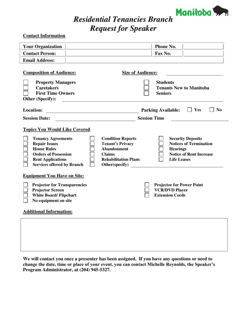 Residential Tenancies Branch Request for Speaker - Manitoba, Canada Download Pdf