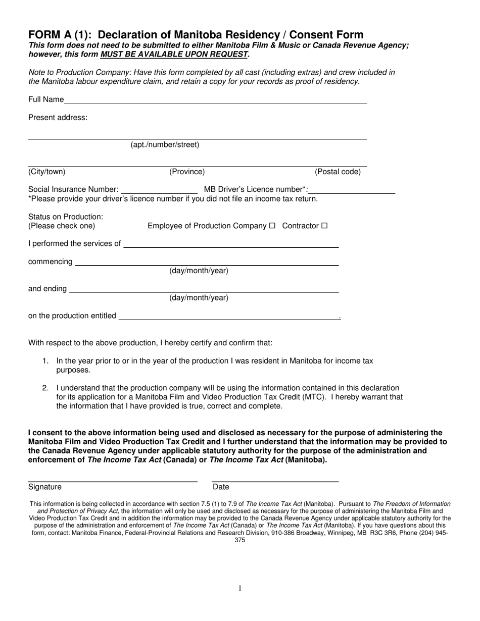 Form A (1) Declaration of Manitoba Residency / Consent Form - Manitoba, Canada, Page 1